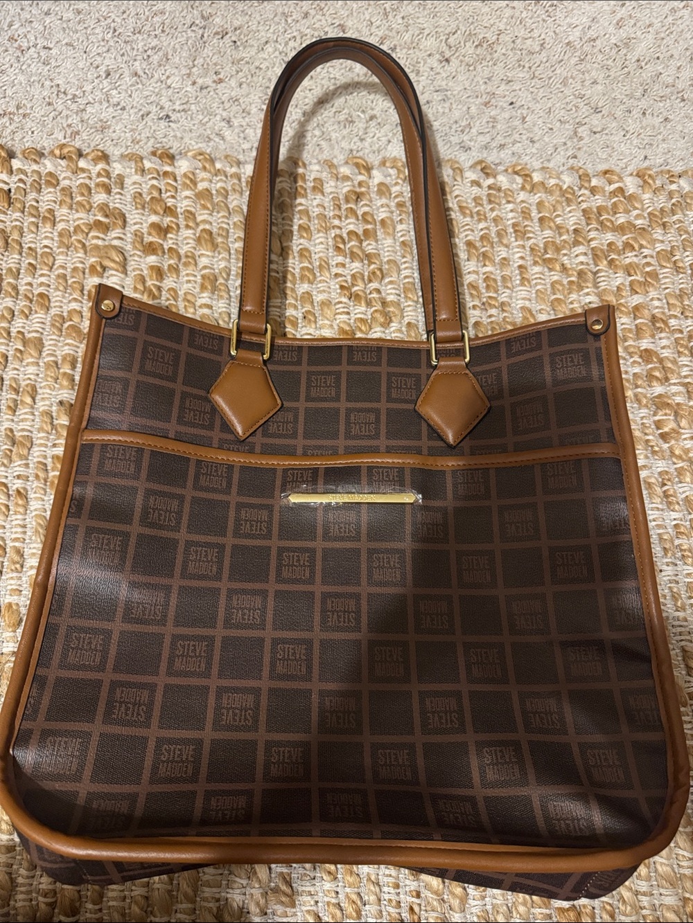 Steve Madden Brown and Tan Logo-Print Tote Messenger Bag